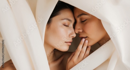 Artistic portrayal of two faces gently touching in embrace. photo