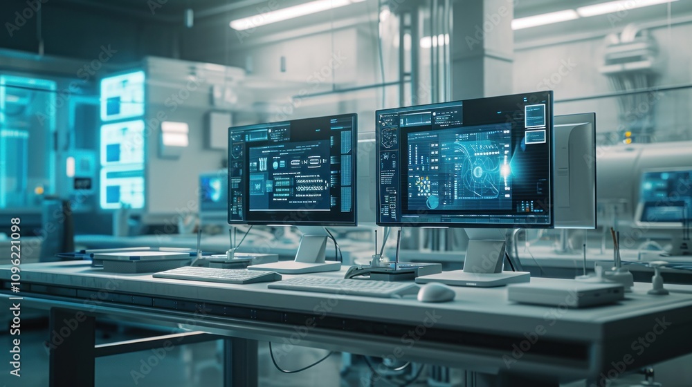 A sleek computer sits on a desk in a futuristic lab space A sleek computer sits on a desk in a futuristic lab space