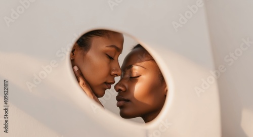 Artistic portrayal of two faces gently touching in embrace. photo