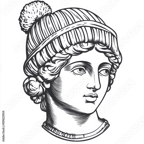 A simple black-and-white line drawing of the head statue of the Greek goddess Sybil, wearing a beanie hat with pom poms. 