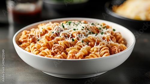 Delicious bowl of rotini pasta generously coated with creamy parmesan sauce, topped with melted cheese and fresh herbs for an inviting and flavorful meal experience. photo