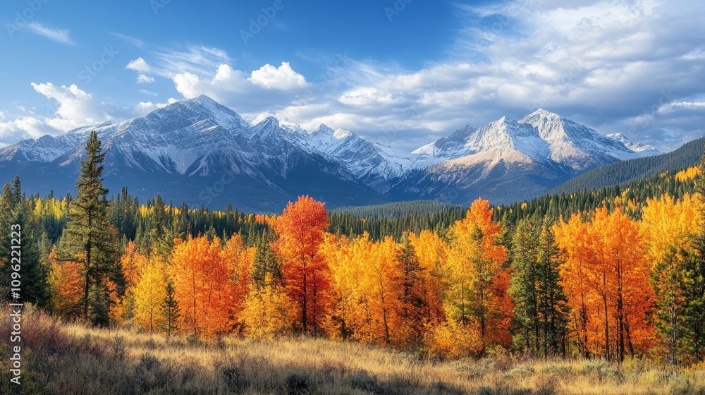 Vibrant autumn foliage in a mountain valley, with snow-capped peaks under a partly cloudy sky. Vibrant autumn foliage in a mountain valley, with snow-capped peaks under a partly cloudy sky.