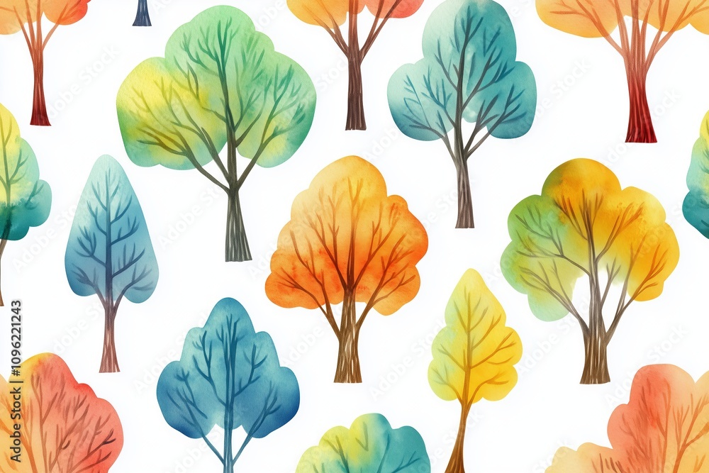 Obraz premium pattern with trees and bushes watercolor illustration on a white background