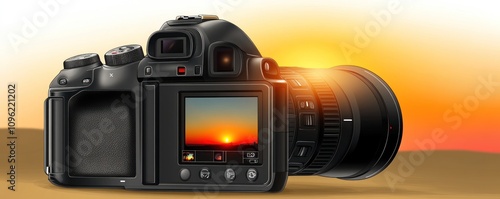 A camera capturing a sunset in a desert landscape.