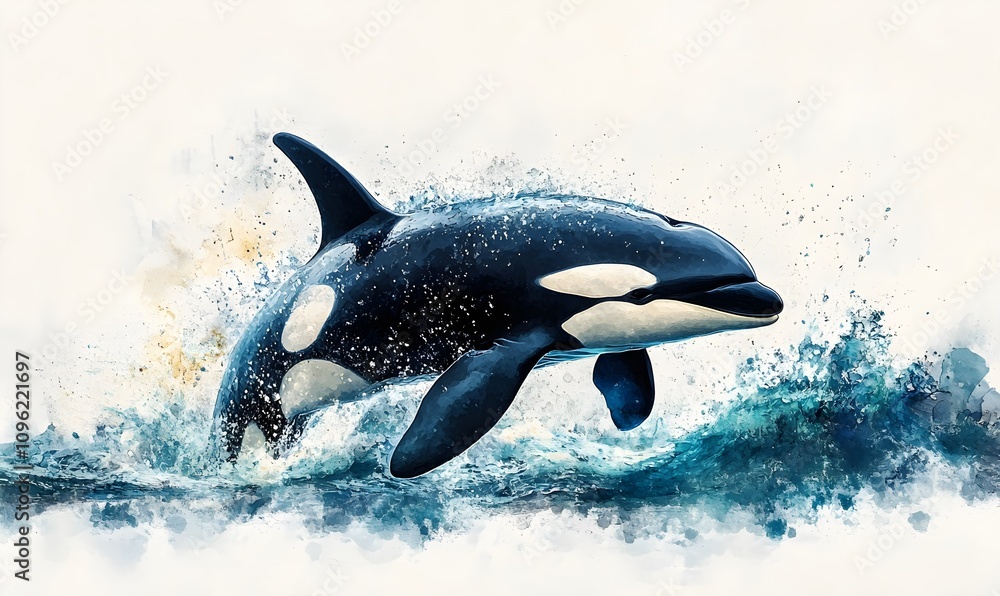 Obraz premium An orca whale leaping gracefully out of the ocean with water splashing around it and the vast ocean stretching out in the background