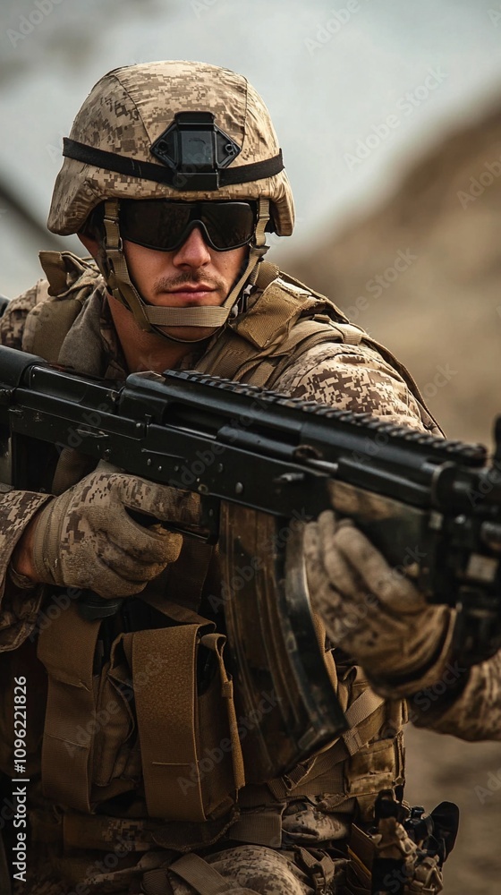Fototapeta premium Close-up portrait of a soldier in desert camouflage uniform, holding an assault rifle and wearing a helmet with night vision goggles in a combat zone.