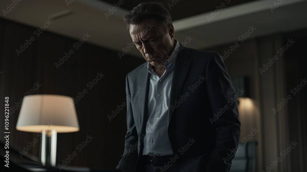 A Man's Contemplation in a Dimly Lit Office: A Moment of Doubt or Determination? A Man's Contemplation in a Dimly Lit Office: A Moment of Doubt or Determination?