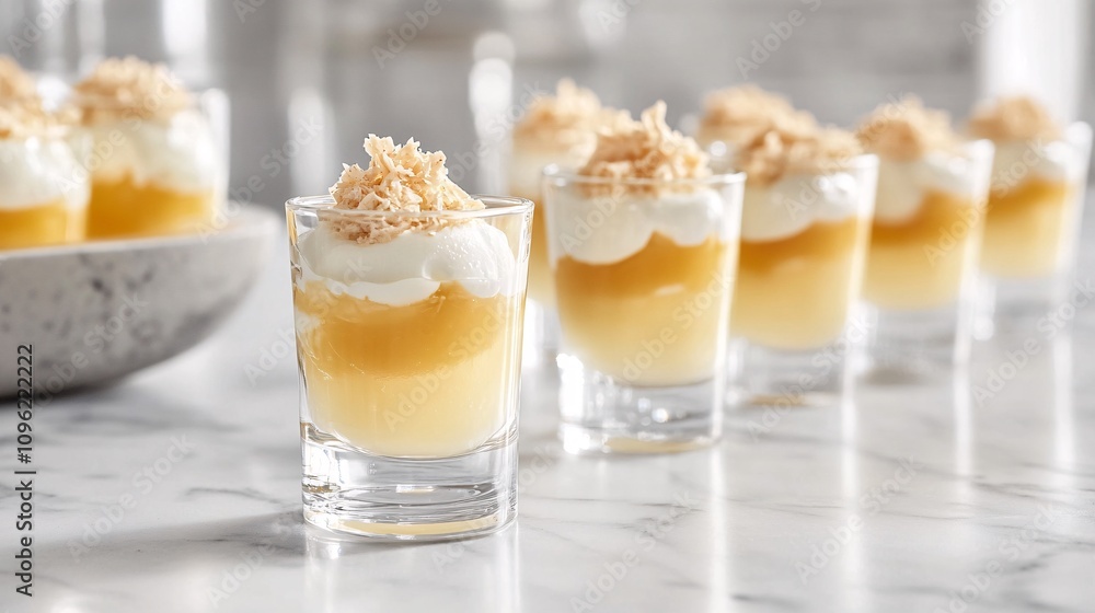 Delicious Dessert Shots with Cream and Coconut Topping on Marble Table Delicious Dessert Shots with Cream and Coconut Topping on Marble Table