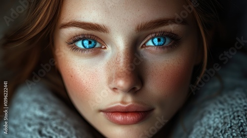 Close-up portrait of a young woman with captivating blue eyes and freckled skin, wearing soft, cozy attire, exuding warmth and charm.