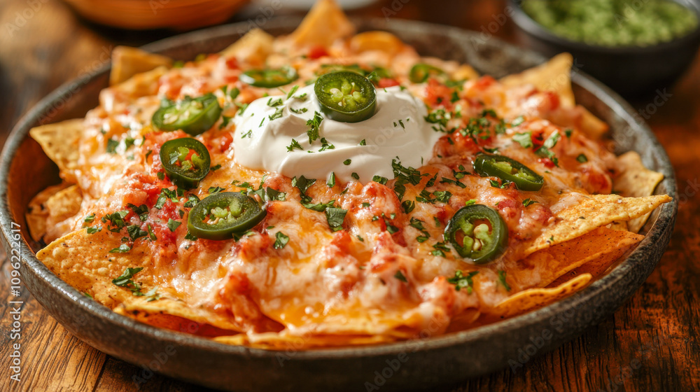 Plate of cheesy nachos topped with jalapeños and sour cream on wooden table Plate of cheesy nachos topped with jalapeños and sour cream on wooden table