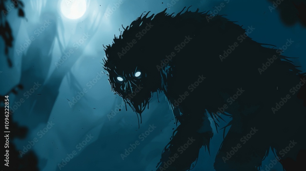 Mysterious Shadowy Creature with Glowing Eyes in Foggy Moonlit Forest