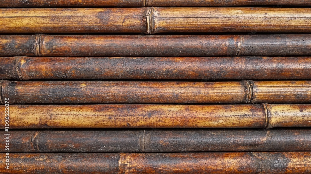 Textured close-up of stacked bamboo poles showcasing rich brown hues and natural imperfections in the bamboo surface. Textured close-up of stacked bamboo poles showcasing rich brown hues and natural imperfections in the bamboo surface.