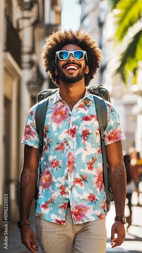 Vibrant summer vibes radiate from a joyful traveler sporting a colorful floral shirt, stylish sunglasses, and an afro hairstyle, exploring a sunny urban street.