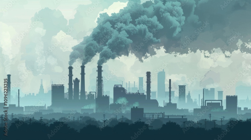 Fototapeta premium Dense Air Pollution Over Industrial Factory Zone with Emission of Toxic Smoke