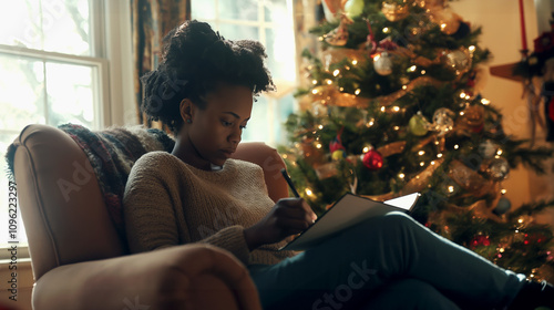 Thoughtful Woman Writing in Notebook by Christmas Tree