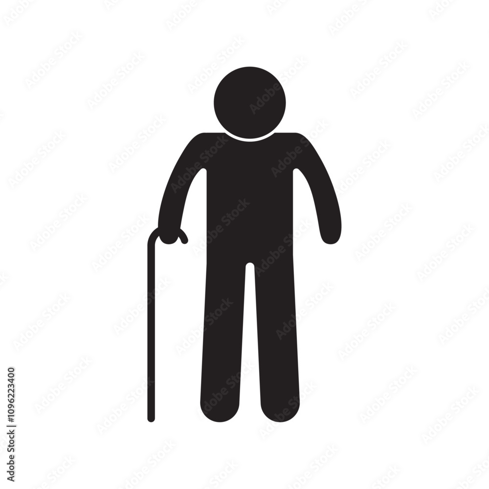 vector flat icon of old man with stick to help walk vector flat icon of old man with stick to help walk