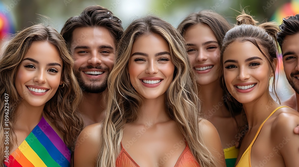 Fototapeta premium A group of LGBTQ+ individuals of various ethnicities and genders celebrating pride in a public park. The scene is filled with vibrant colors and rainbow decorations, with people smiling, dancing, 