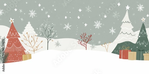 a Christmas banner featuring a snow-covered winter scene, with a beautifully decorated tree at its center, capturing the essence of holiday cheer in a detailed illustration.