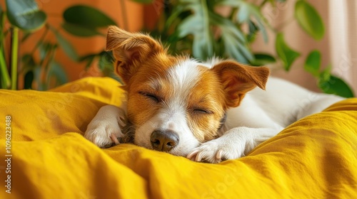 Mixed breed dog peacefully dozing on a vibrant yellow bed, surrounded by lush green home plants, creating a cozy and serene atmosphere. photo