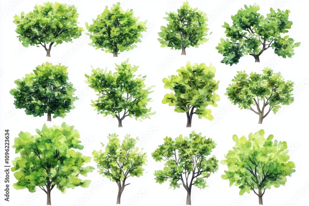 Set of watercolor green trees isolated on a white background, ideal for landscape and architectural drawings, environmental elements, gardens, and botanical spring sections Set of watercolor green trees isolated on a white background, ideal for landscape and architectural drawings, environmental elements, gardens, and botanical spring sections