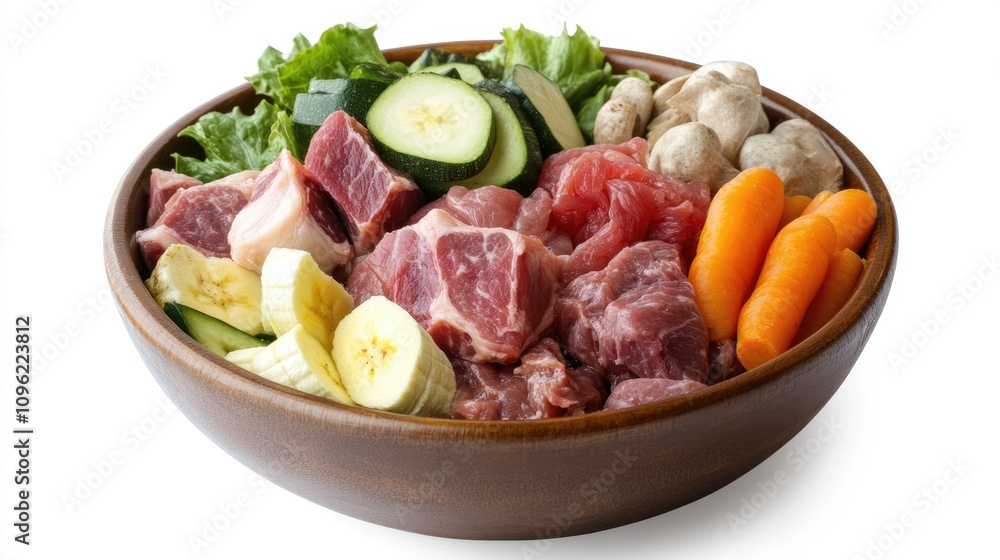Bowl overflowing with a variety of raw dog food featuring vibrant meat chunks, chicken stomach, fresh vegetables like zucchini, carrots, and leafy greens against a clean white backdrop. Bowl overflowing with a variety of raw dog food featuring vibrant meat chunks, chicken stomach, fresh vegetables like zucchini, carrots, and leafy greens against a clean white backdrop.