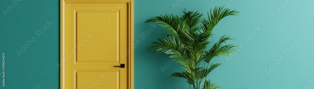Fototapeta premium A stylish yellow door stands against a vibrant teal wall, accompanied by a lush green plant, creating a fresh and modern aesthetic.