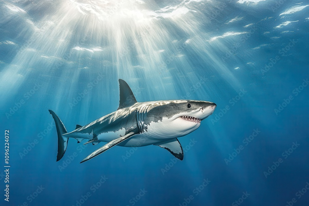 Obraz premium Great White Shark Underwater Profile A powerful great white shark