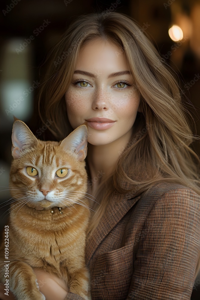 Elegant woman with Abyssinian cat in warm interior Elegant woman with Abyssinian cat in warm interior