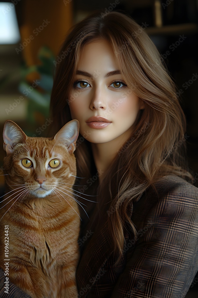 Elegant woman with Abyssinian cat in warm interior Elegant woman with Abyssinian cat in warm interior