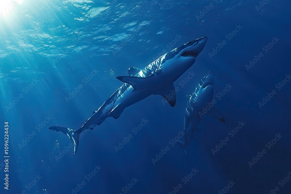 Obraz premium Great White Shark Underwater Profile A powerful great white shark