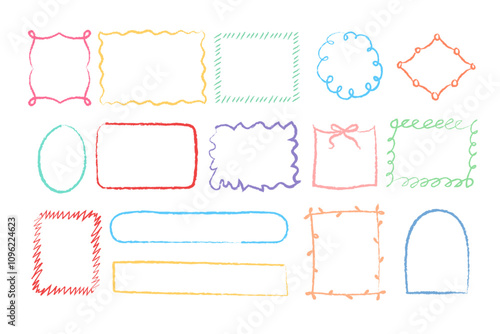 Crayon kid colored frame set. Childlike textured doodle line.  hand drawn colorful frames.Pastel chalk crayon.Set of elements.Speech bubble shapes.