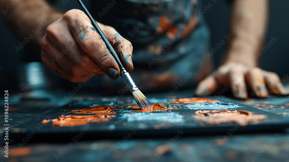 Fototapeta premium A Close-Up View of an Artist's Hand Mixing Paint on a Palette, the Brush Dipped in a Pool of Orange, Ready to Create