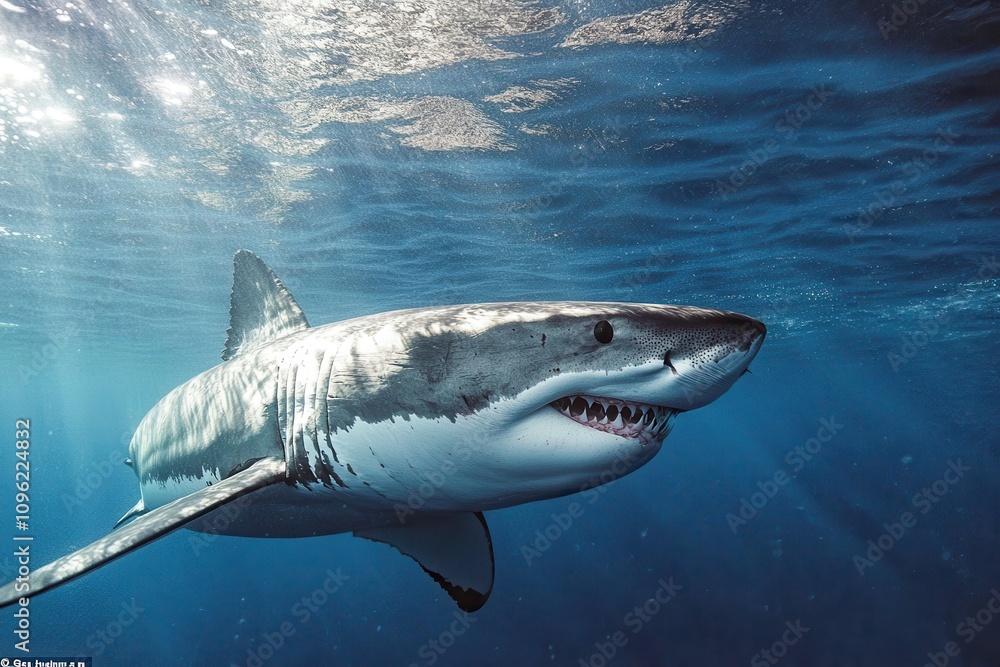 Naklejka premium Great White Shark Underwater Profile A powerful great white shark