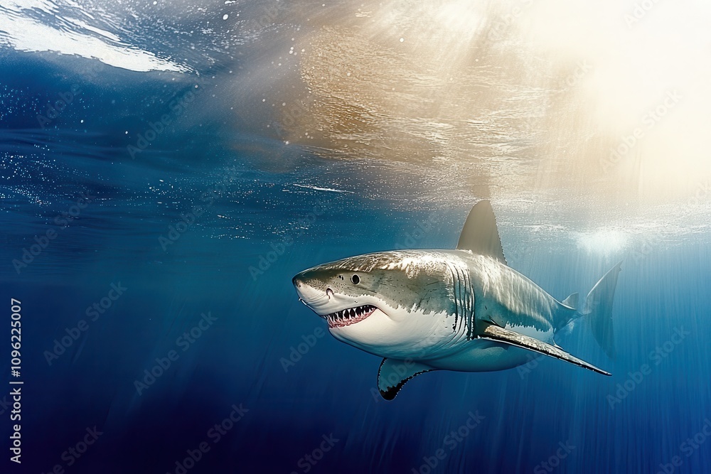 Fototapeta premium Great White Shark Underwater Profile A powerful great white shark