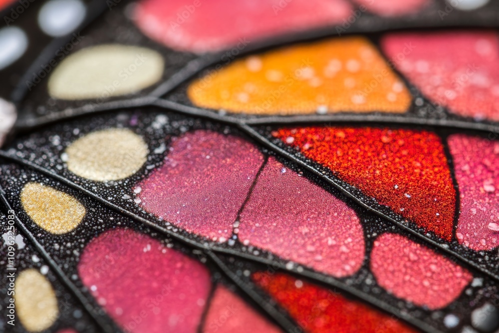 Close view of a colorful butterfly wing showcasing intricate patterns and vibrant colors in bright light