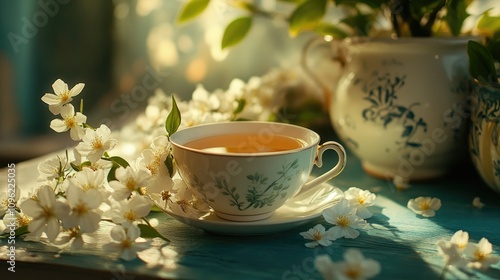 A delicate cup of aromatic jasmine tea nestled on a table, surrounded by blooming white flowers, radiating warmth and tranquility in a serene setting. Perfect for relaxation and wellness.