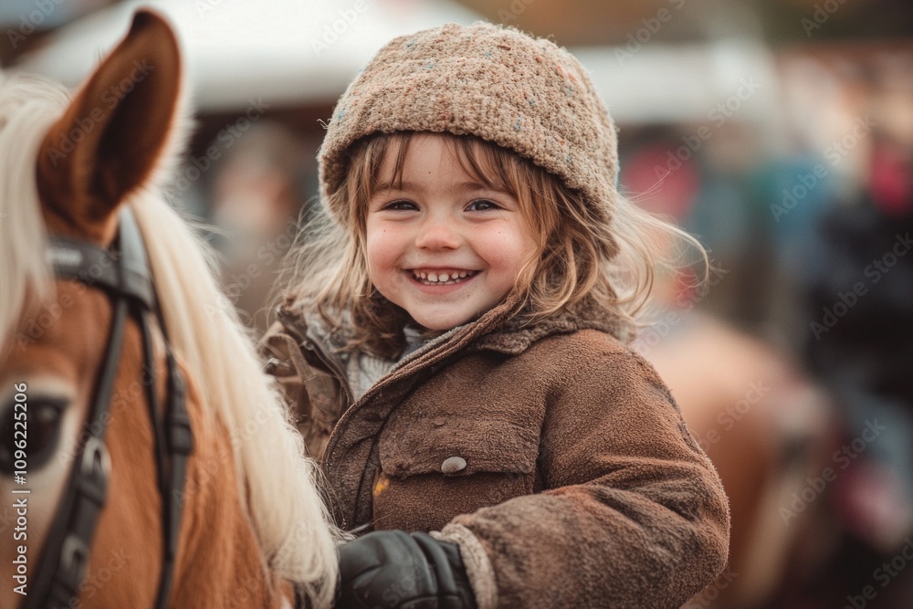 A joyful child rides a horse with a big smile. The warmth of childhood shines through in this delightful moment. Perfect for family and adventure themes. Generative AI A joyful child rides a horse with a big smile. The warmth of childhood shines through in this delightful moment. Perfect for family and adventure themes. Generative AI