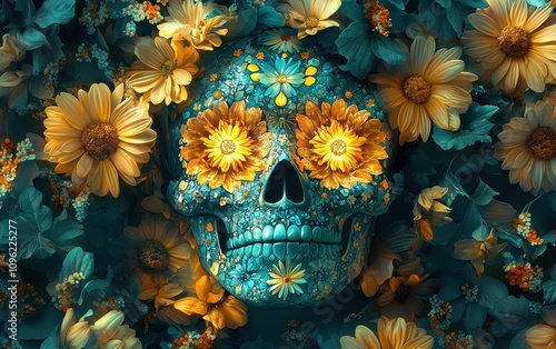 A Stunning Digital Artwork: Teal Sugar Skull Adorned with Vibrant Yellow and Blue Flowers, Nestled Amidst Lush Green Foliage - A Day of the Dead Masterpiece photo