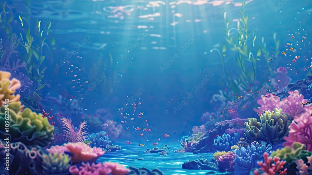 Fototapeta premium The underwater backdrop with clear blue water, colorful coral reefs, and schools of fish swimming around, creates a calm and exotic marine environment.
