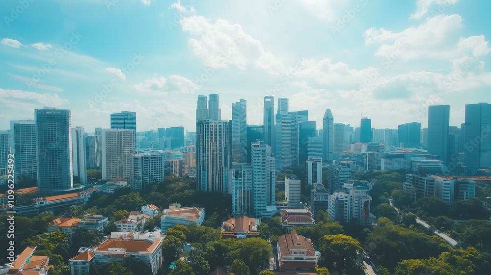 Obraz premium Modern Skyline with High-Rise Office Buildings under Blue Sky