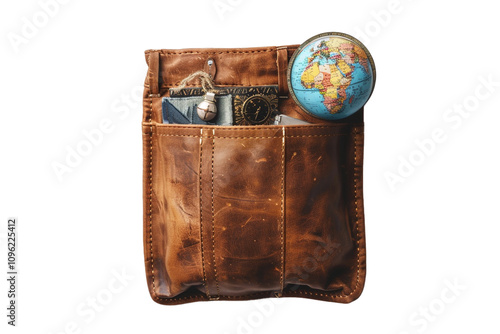 Shirt pocket filled with a mini globe and travel trinkets isolated on transparent background, png file