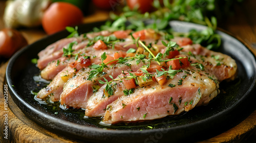 Homemade saltimbocca with fresh herbs and vegetables on a rustic table