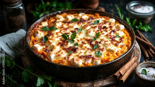 Baked Pumpkin Casserole with Cheese and Fresh Herbs on a Table