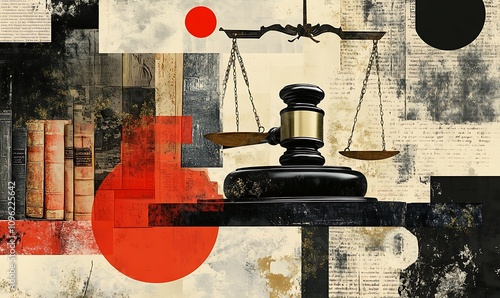 A stylized representation of justice featuring scales and a gavel against a collage background.