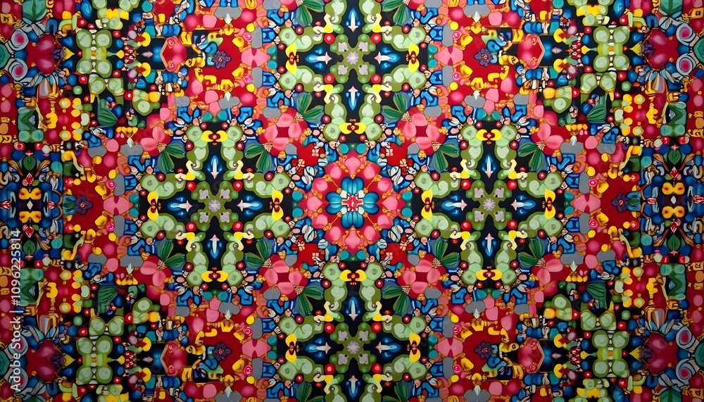 A vibrant and colorful material composed of various geometric shapes, such as red, blue, yellow, and green. Symmetric and repetitive abstract patterns A vibrant and colorful material composed of various geometric shapes, such as red, blue, yellow, and green. Symmetric and repetitive abstract patterns