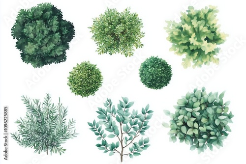 Various green trees, bushes and shrubs, top view for landscape design plan. Vector watercolor illustration, isolated on white background. photo