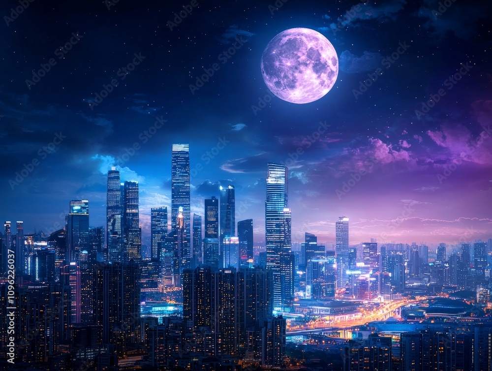 Fototapeta premium Midnight City Skyline with Full Moon Shining Brightly Over Urban Landscape and Vibrant Lights Illuminating the Night Sky