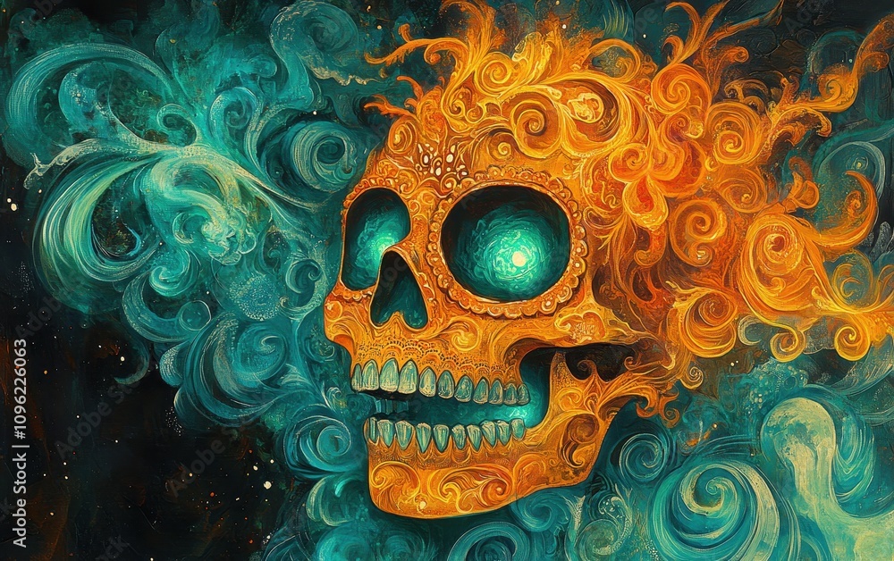 Fototapeta premium Ornate Golden Skull in a Cosmic Dance: A Vivid Digital Painting of a Sugar Skull Adorned with Intricate Filigree and Swirling Teal Nebula