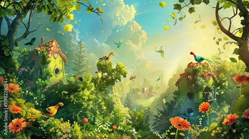 Forest fantasy landscapes convey strangeness and elements that inspire happiness like in a fairy tale.