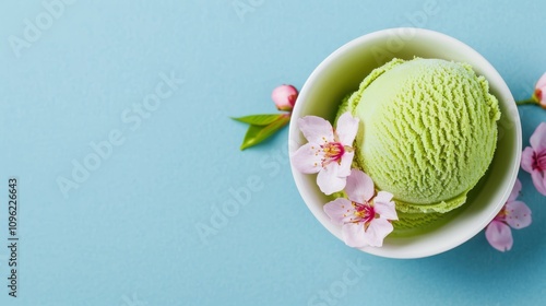 Green ice cream in a bowl with flowers. photo